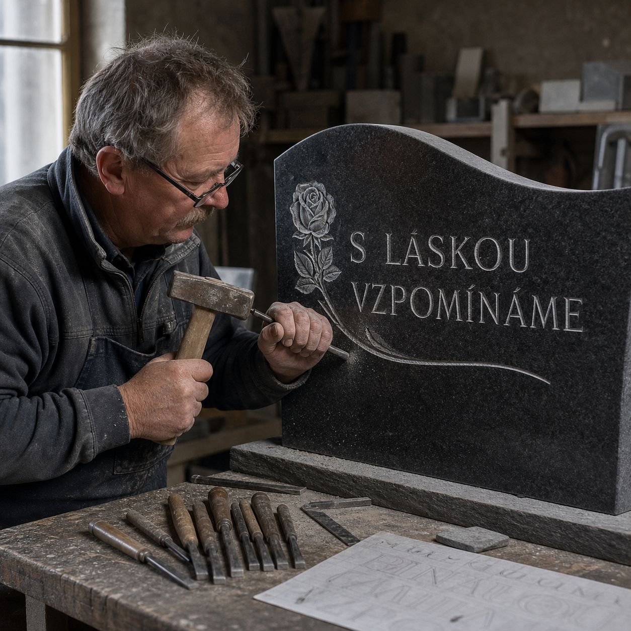 Kameník ručně tesá český nápis a ornament do žulového pomníku