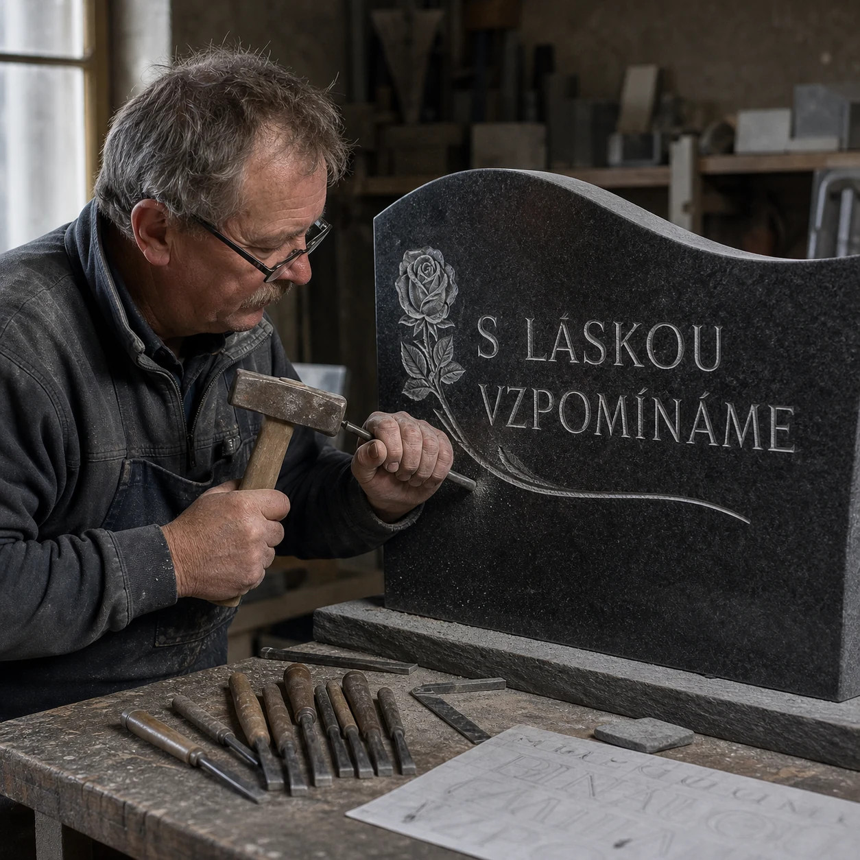 Ruční tesání písma do kamene kladivem a dlátem v kamenické dílně