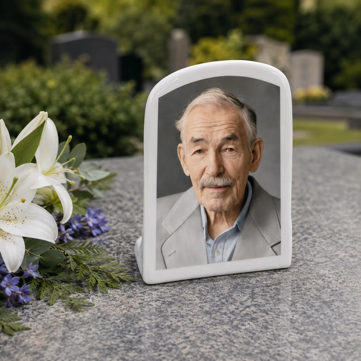 Porcelánový stojan s barevnou fotografií a bílým okrajem na hrobě