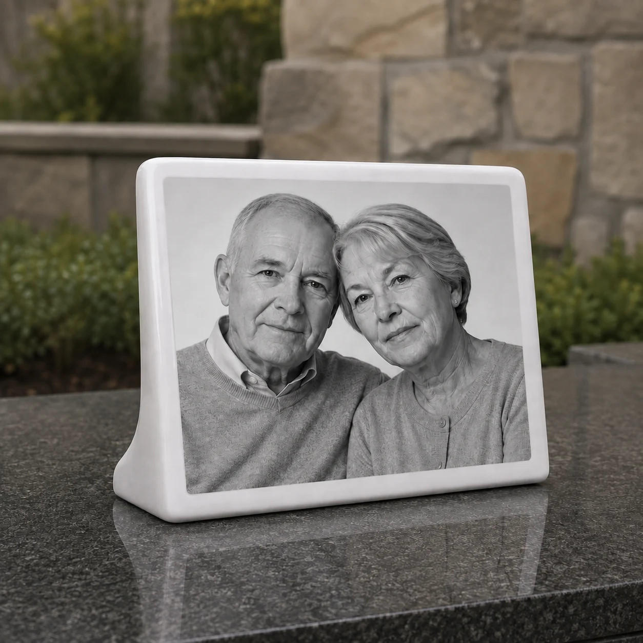 Porcelánový dvojstojan s černobílou fotografií páru a bílým okrajem