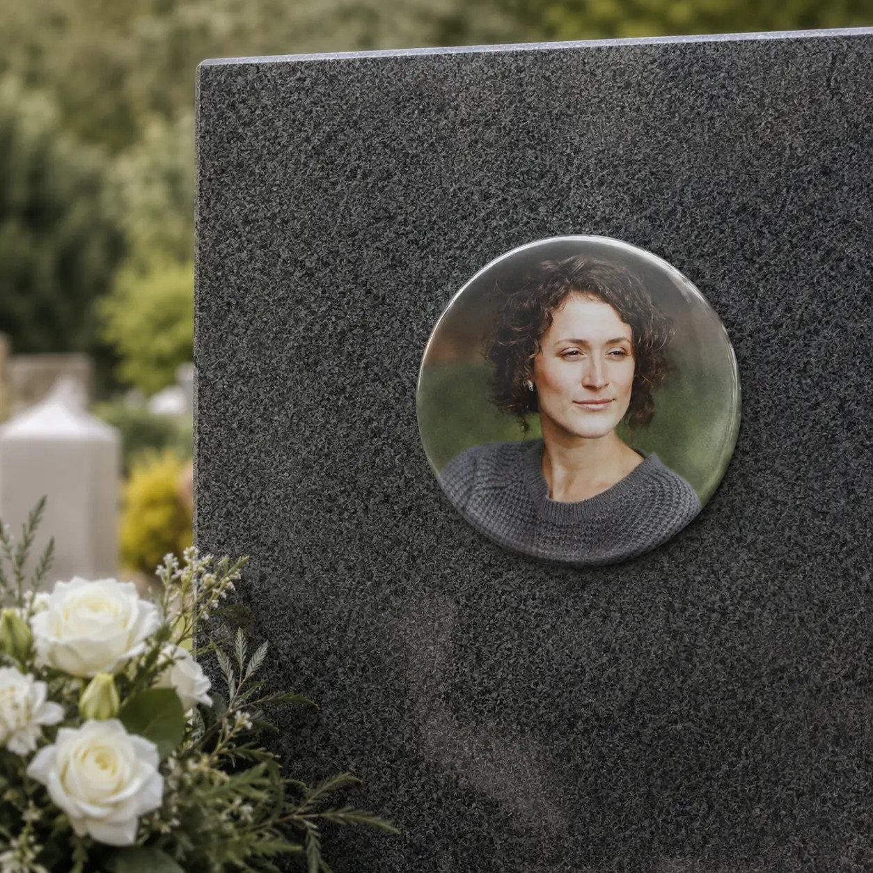 Porcelánový kruh s barevnou fotografií ženy na náhrobní desce