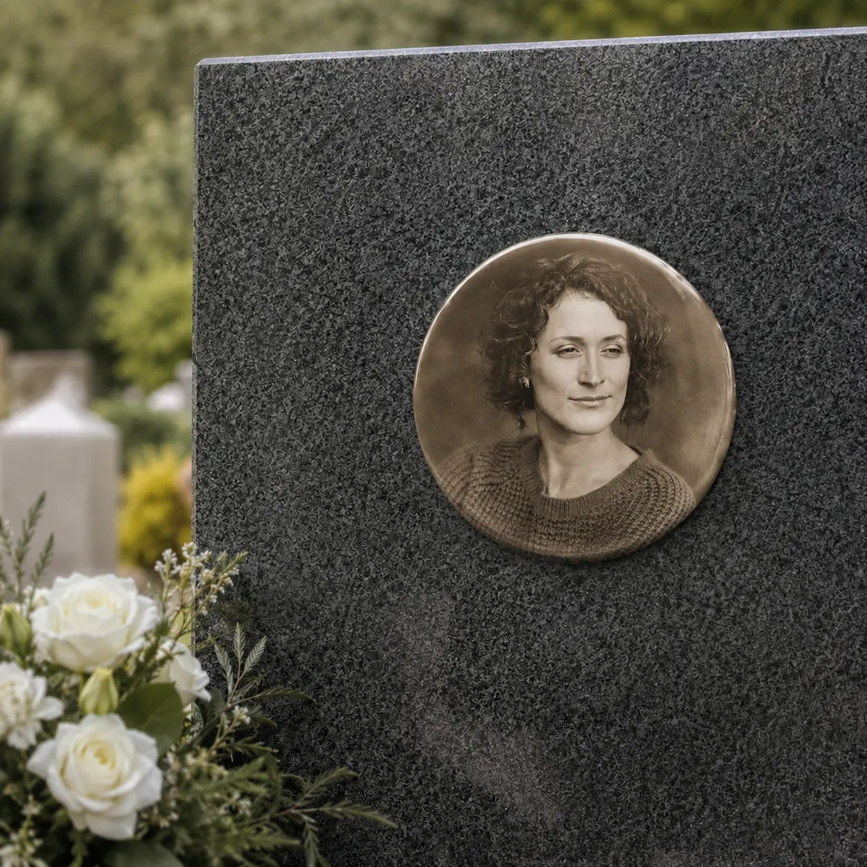 Porcelánový kruh se sépiovou fotografií ženy na náhrobní desce