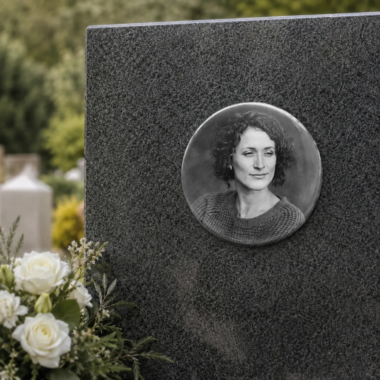 Porcelánový kruh s černobílou fotografií ženy na náhrobní desce