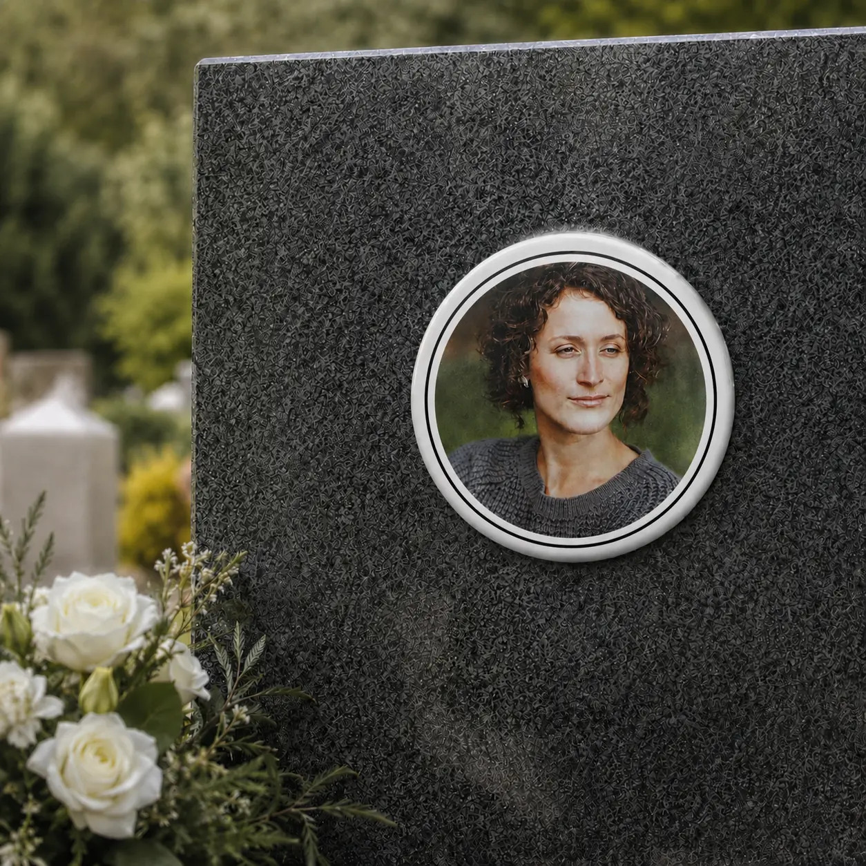 Porcelánový kruh s barevnou fotografií ženy a černou linkou
