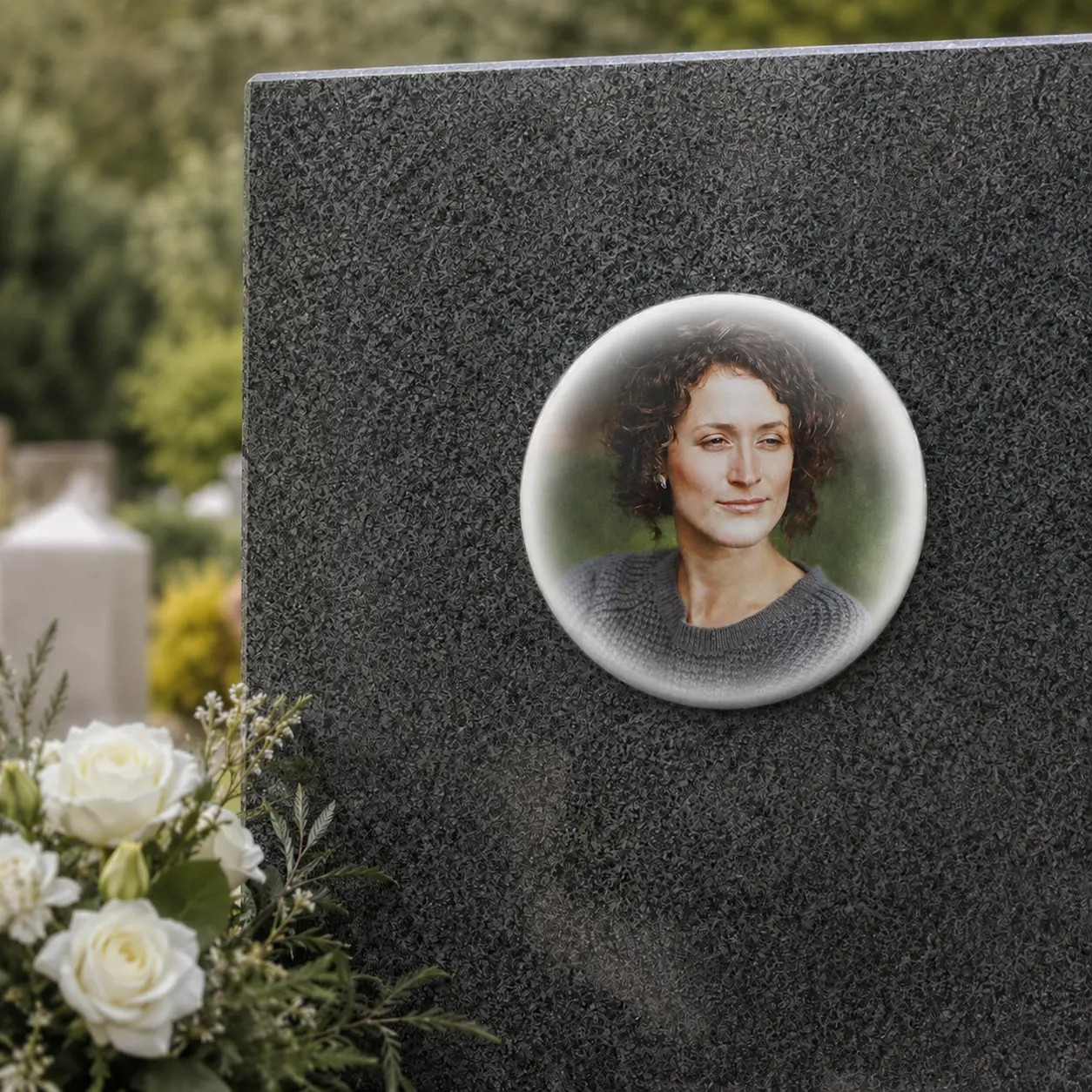 Porcelánový kruh s barevnou fotografií ženy a okrajem do ztracena