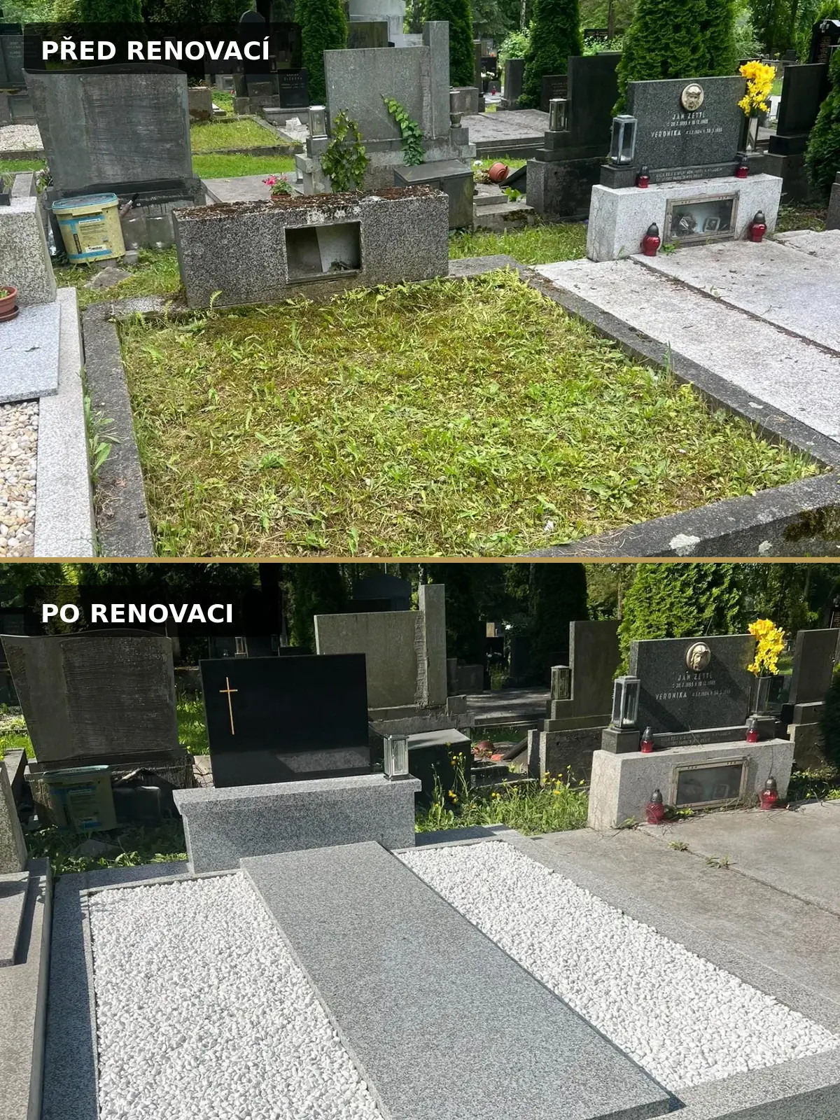 Hrobové místo před renovací a po kompletní rekonstrukci žulového dvojhrobu
