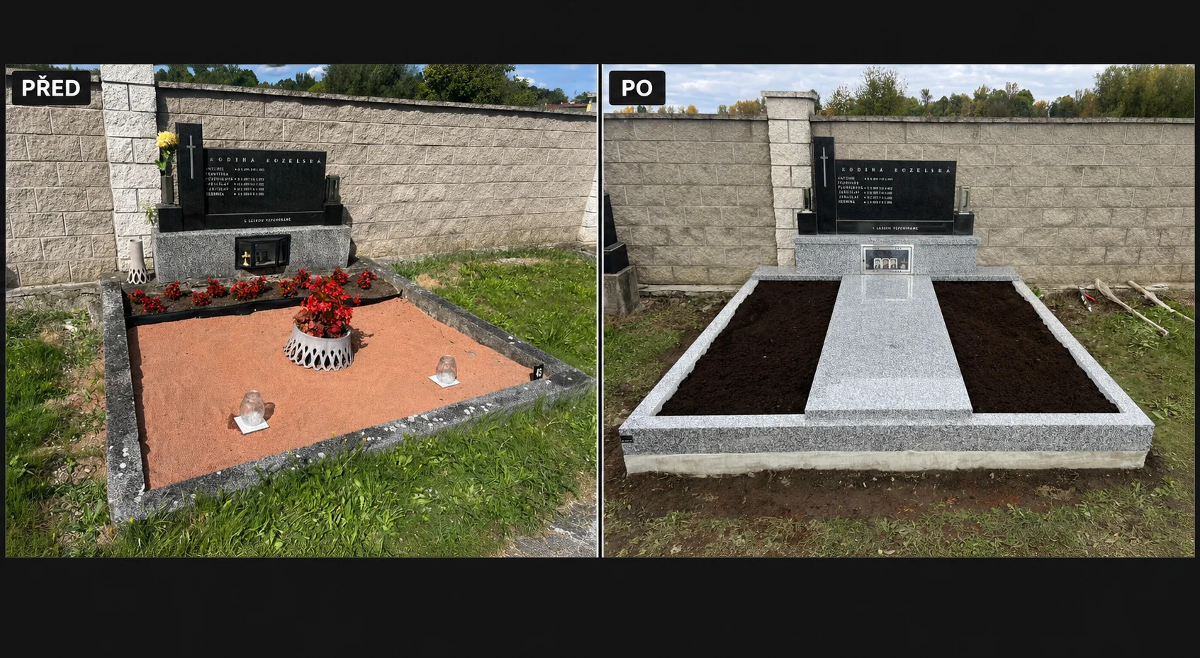 Rekonstrukce dvojhrobu před a po – výměna teracových dílů za žulové, hřbitov Mošnov