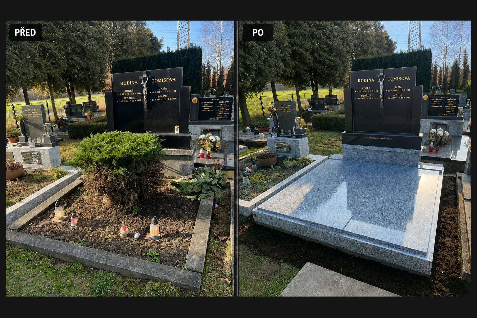 Úprava dvojhrobu před a po – výměna teracových dílů za žulové, hřbitov Paskov
