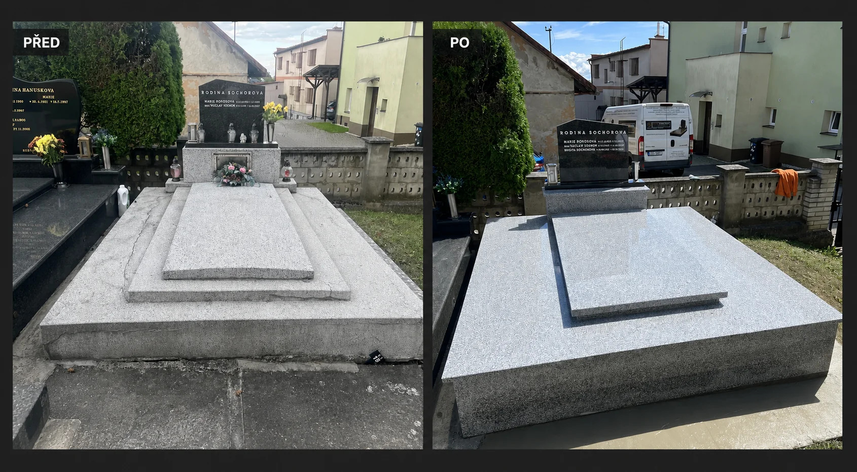 Rekonstrukce hrobky před a po z žuly Bianco Tarn – hřbitov Dětmarovice