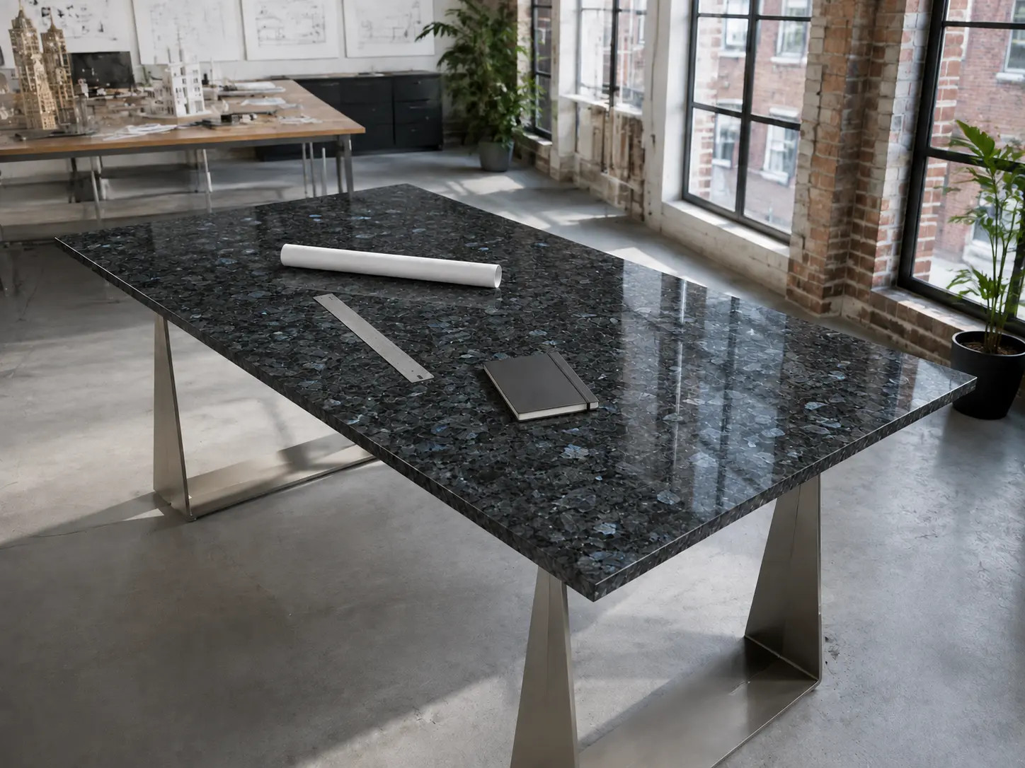 Pracovní stůl s leštěnou deskou z modrošedé žuly Blue Pearl v moderním industriálním interiéru.