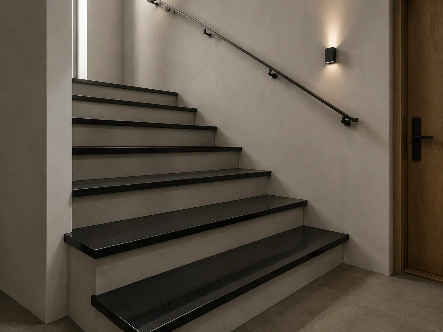 Moderní interiérové schody s leštěnými nášlapy z černé žuly Absolute Black (Nero Assoluto) – kamenictví Stone Partners