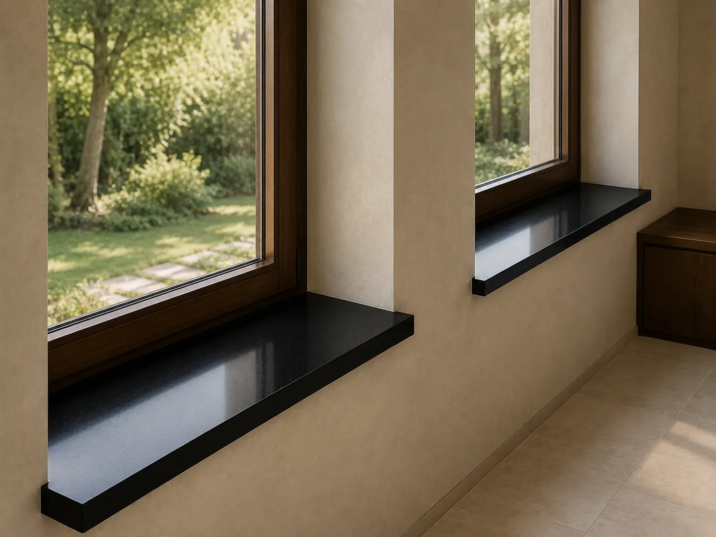 Leštěné interiérové parapety z černé žuly Absolute Black (Nero Assoluto) v moderním rodinném domě – kamenictví Stone Partners