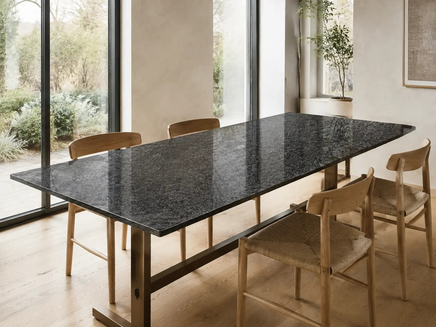 Moderní jídelní stůl s leštěnou deskou ze žuly Nero Impala v prosvětleném interiéru – kamenictví Stone Partners