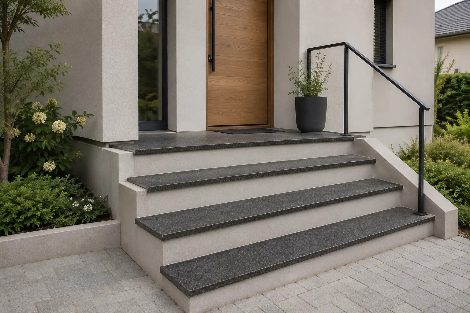Venkovní schody s nášlapy ze žuly Nero Impala u moderního rodinného domu – kamenictví Stone Partners