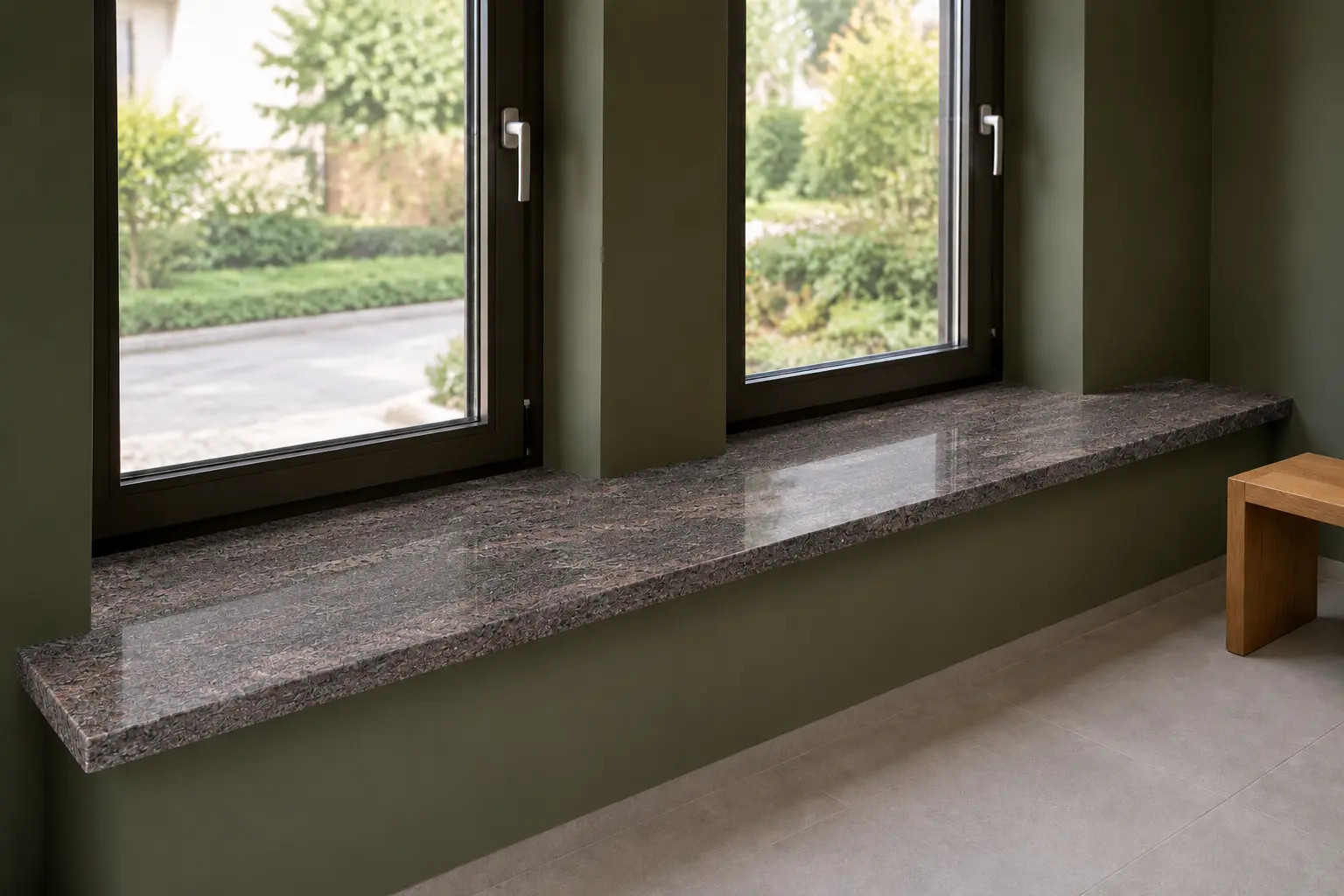 Dlouhý interiérový parapet z leštěné žuly Paradiso Classico pod dvěma okny v moderní vstupní hale – Stone Partners