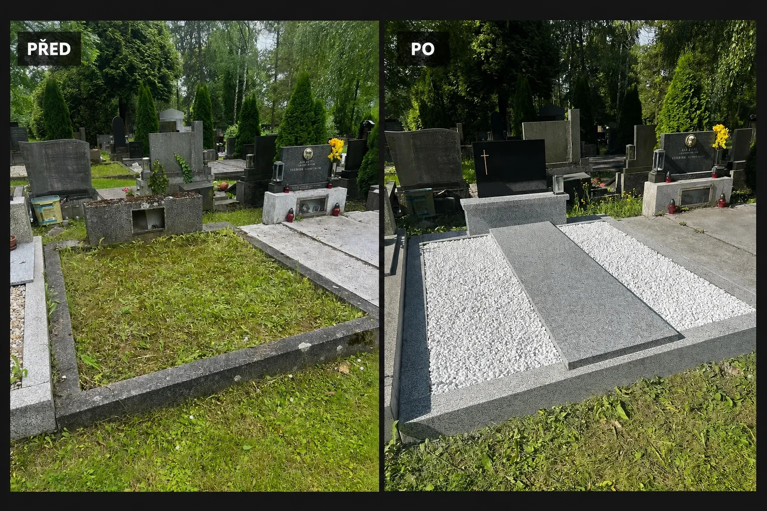 Renovace dvojhrobu před a po s obnovenými teracovými rámy, žulovou krycí deskou a bílým kamenivem ve Slezské Ostravě
