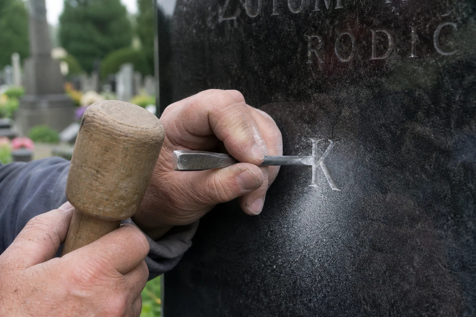 Kameník ručně dopisuje písmo dlátem a paličkou do žulové nápisní desky na pomníku v Ostravě